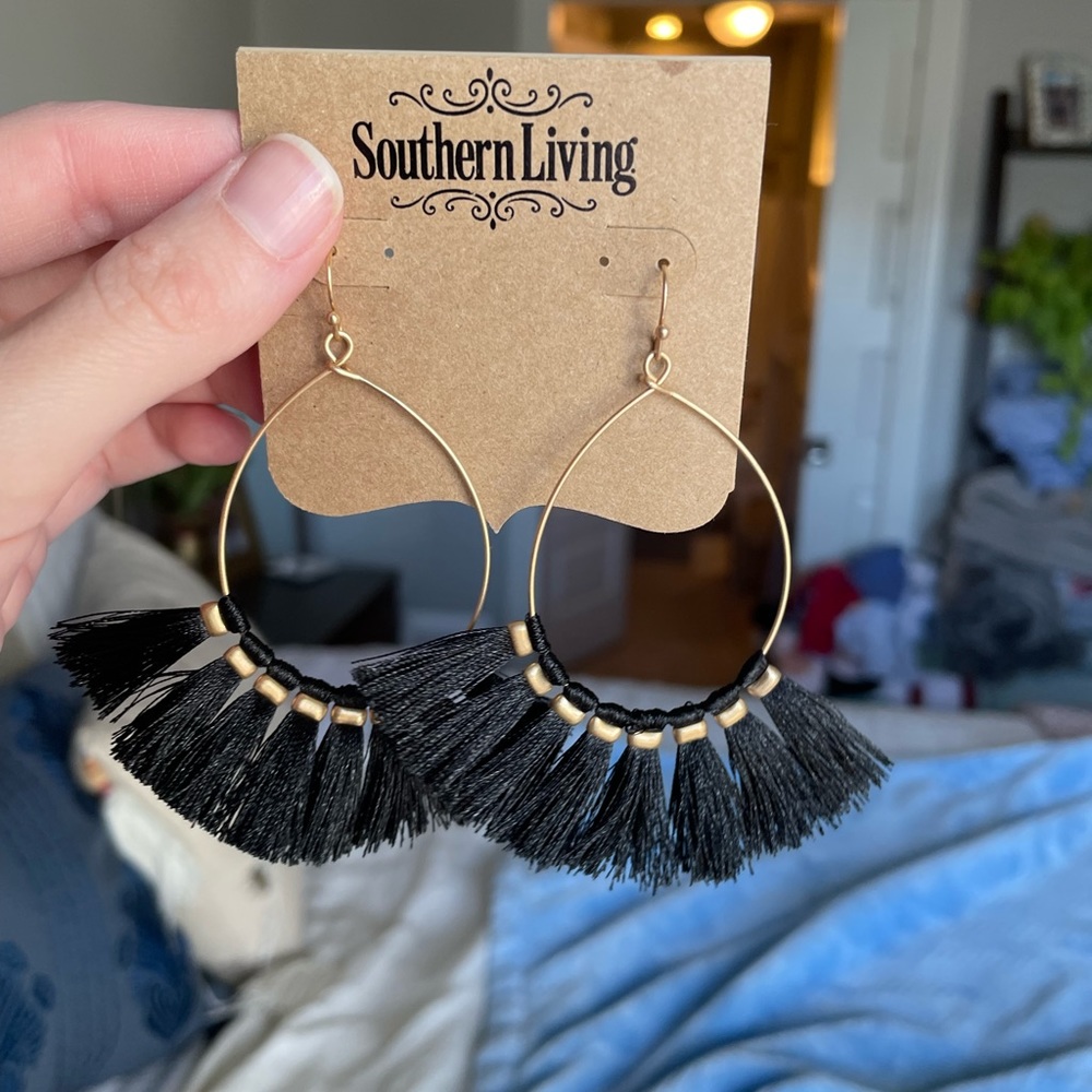 Brand new Southern Living brass tassel hoop earrings!